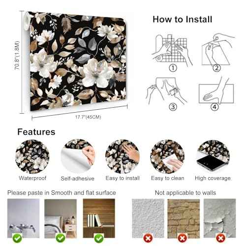 Vintage Dark Black Floral Peel and Stick Wallpaper Modern Botanical Flower Waterproof Removable Self Adhesive Vinyl Contact Wall Paper for Farmhouse Bathroom 17.7" X 70.8" Roll