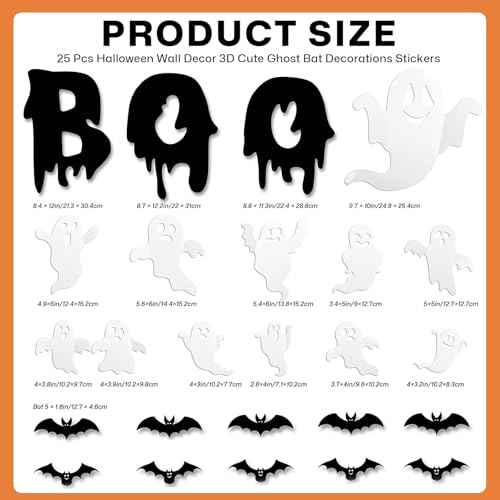 25 Pcs Halloween Wall Decor 3D Cute Ghost Stickers Bat Decals Decorations Boo Letters Window Stickers Reusable Halloween Door Decorations for Party Home Room Closet Self-Adhesive Supplies