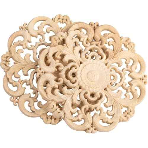 2PCS Unpainted Round Decorative Wood Carved Appliques Onlays Dia12cm/4.72",Unfinished Wooden Carved Flower Carvings Decals for Furniture Cabinet Bed Wardrobe Closet DIY Decoration