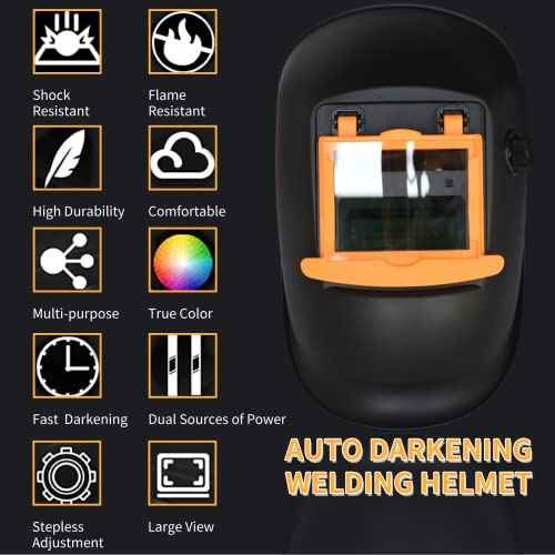 Auto Darkening Helmet with True Color View and Welding Gloves, Easy-flip Design Welder Helmet, Ultre Light and Solar Powered Welding Helemt, Adjustable Shade Range 4/9-13 for TIG MIG ARC Weld