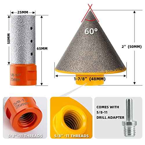 Diamond Beveling Chamfer Bits with 5/8-11" Thread Adapter, 1-7/8"(48mm) Chamfer Cone 25mm Diamond Finger Milling Bit, Diamond Countersink Drill Bit for Existing Holes Enlarging Shaping Trimming