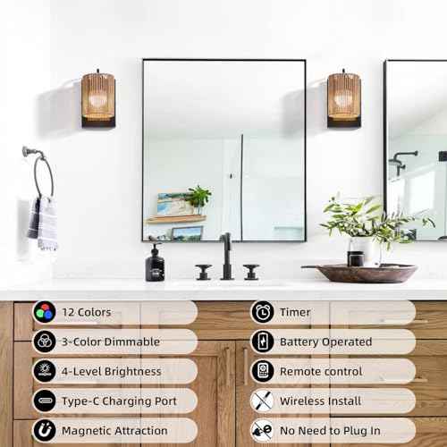 Battery Operated Wall Sconces Set of 2, Wireless Boho Rattan Wall Lights with Dimmable Bulbs, Remote & 12-Color RGB, Rechargeable Lamps for Bedroom, Living Room, Hallway Indoor Lighting