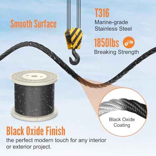 BLIKA 300FT 1/8" Black Stainless Steel Cable, T316 Marine Grade, Stainless Steel Wire Rope 7x7 Strand Construction, 1850lbs Breaking Strength Aircraft Cable for Deck Cable Railing, DIY Balustrades