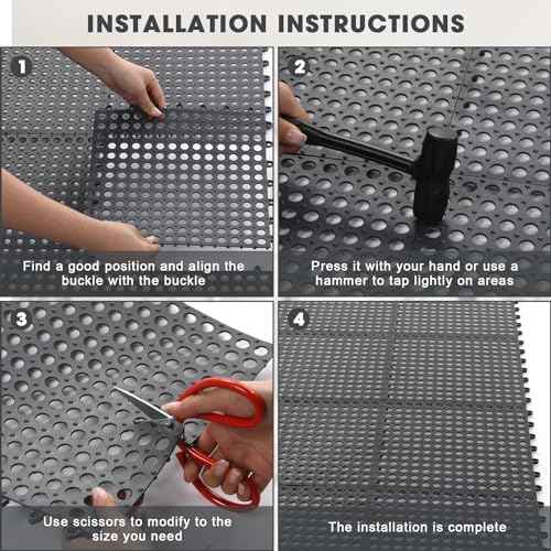 12 Pack Drainage Tiles Modular Interlocking Floor Tiles with 1 Pc Plastic Hammer 12" x 12" Cushion Mat Non Slip Rubber Floor mat with Holes for Pool Bathroom Deck Kitchen Patio (Black)