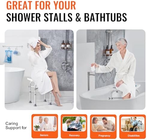 VEVOR Shower Chair for Inside Shower, Adjustable Height Shower Stool with Crossbar Support, Shower Seat for Shower Tub, Non-Slip Bench Bathtub Stool Seat for Elderly Disabled Adults Handicap, 500 lbs