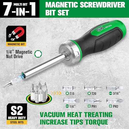 SK 7-in-1 Ratcheting Screwdriver, 216-P, 6 Bits (Phillips, Star, Slotted), 1 Nut Driver Size (1/4 Inch), S2 Steel, SureGrip Handle