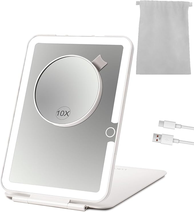 Rechargeable Travel Makeup Mirror with Lights and10x Magnification, 70 LEDs 3 Color Lights, Foldable Beauty Mirror, Portable Lighted Mirror Offwhite with Carrying Case