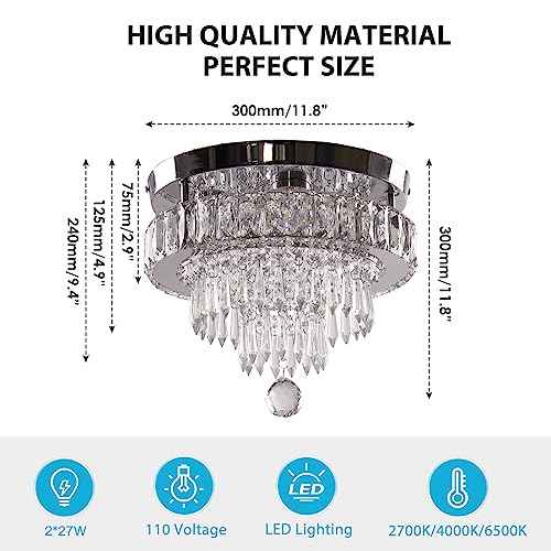 11.8" Dimmable Crystal Chandelier Crystal Ceiling Light Modern Chandeliers Flush Mount Ceiling Light Lamp Fixture for Dining Room Living Room Bedroom Hallway Remote Control