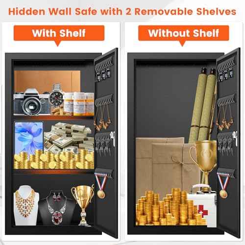 25.6" Tall Wall Safes Between the Studs with 2 Removable Shelf, Lockable Hidden Safe Box with 40 Hooks for Keys Jewellery, In Wall Safe for Money Medicines Valuables