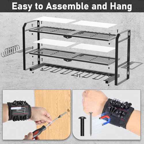 Power Tool Organizer Wall Mount, Upgraded 7 Drill Holder Wall Mount, Large 3-tier Cordless Tool Organizer & Storage Rack, Tool Shelf with Screwdriver/Plier/Hammer Holder, Men's Present (Black)