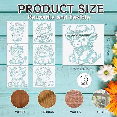Keluna Highland Cow Stencils for Painting - 15 Pcs Animal Wood Burning Stencils, Farmhouse Cow Print Stencils for Crafts Reusable, Template for Painting on Canvas Wall Furniture Craft