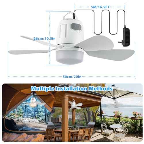 Gazebo Fan Outdoor Hanging with Light, Patio Plug in Ceiling Fan with 16.5ft Cord, Remote & Hook, Portable for Outside Canopy, Pop up Tent, Pergola (20'')