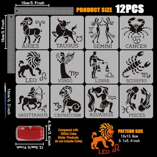 FINGERINSPIRE 12 PCS Twelve Zodiac Figures Stencil with Brush 5.9x5.9inch Zodiac Constellation Symbols Stencil Decoration Fantasy Theme Template for Painting on Wood Canvas Fabric Wall Furniture