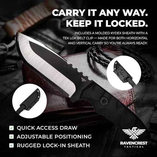 RavenCrest Tactical Blackridge Fixed Blade Knife ? Full Tang D2 Steel ? Blade-Heavy Design ? Stonewashed Finish ? Compact G10 Handle ? Kydex Sheath with Tek Lok