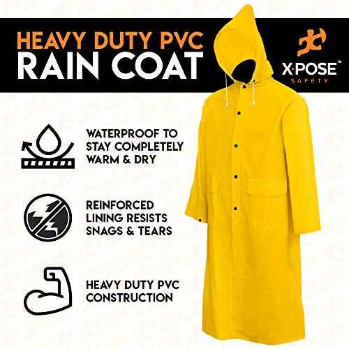 Xpose Safety Heavy Duty Yellow Rain Coat .35mm PVC 48in Raincoat Jacket with Detachable Hood, Waterproof, Fishing