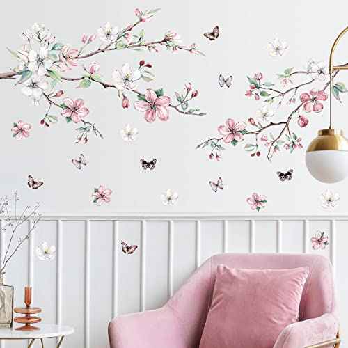 AM AMAONM Removable 3D Ink Style Brown Tree Branches and Pink WhiteFlower Wall Decals Plum Blossom Flowers and Butterfly Wall Sticker Peel and Stick Wall Decor for Home Walls Living Room Kids Baby