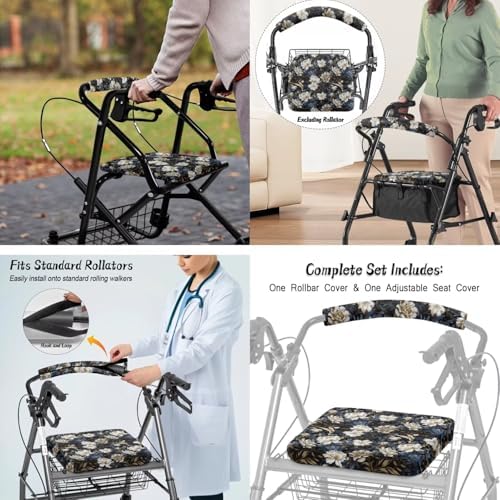 LedBack Vintage Floral Walker Accessories 3 Piece Set Rollator Walker Seat and Backrest Covers, Walker Storage Bags Lightweight Rollator Seat Cushion Covers and Organizer Bag