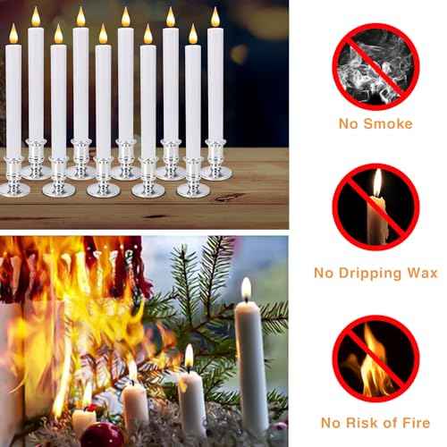 LED Flameless Window Candles with Remote Timer Sliver Base 10 PCS Battery Operated Flickering Taper Candle Lights with Removable Candle Holders Best Gift for Xmas Wedding Home Dinner D?cor