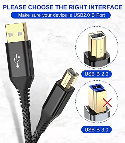 sweguard Printer Cable 10ft, USB-A to USB-B Cable, High Speed Nylon Braided Scanner Printer Cord for HP Canon Dell Epson Brother Lexmark Xerox Samsung Piano DAC & More-Black