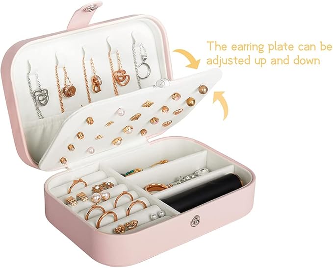 Hatori Travel Jewelry Box, PU Leather Small Jewelry Organizer for Women Girls, Portable Mini Travel Case Display Storage Holder Boxes for Stud Earrings, Rings, Necklaces, Bracelets (Pink)