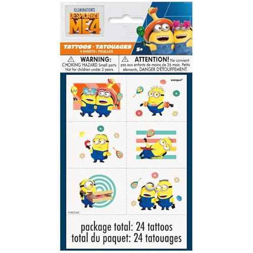 Unique Despicable Me Birthday Party Supplies Favor Bundle Pack includes 8 Loot Bags, 8 Party Paper Goggles, 24 Tattoos, 1 Award Ribbon, 1 Dinosaur Sticker Sheet