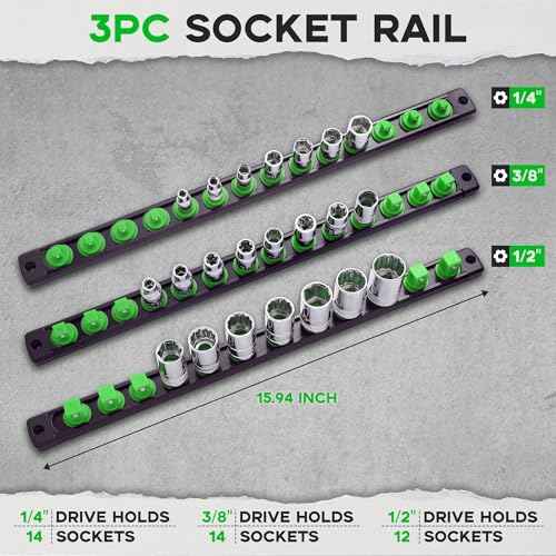 3-Piece Magnetic Socket Organizer, Heavy Duty Aluminum Socket Rails Organizer, 360¡Æ Swivel Clips Socket Holder Kit for Tool Box, 1/2, 3/8, 1/4-Inch Socket Holder x 40 Clips (Green)