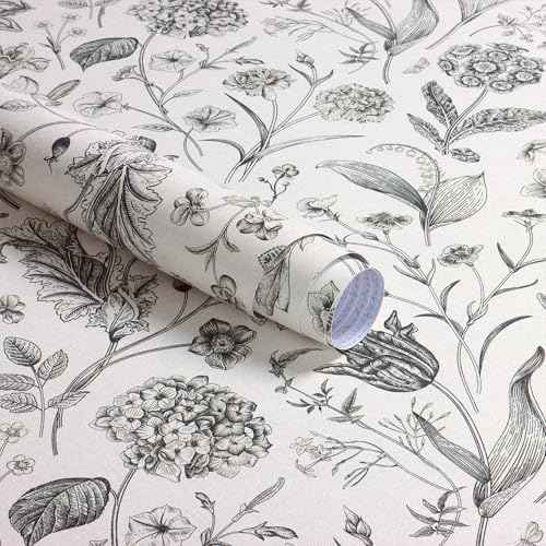 Black and Beige Peel and Stick Wallpaper Botanical Contact Paper 16.9inch x 118.1inch Floral Wall Paper Peel and Stick for Bathroom Bedroom Removable Self Adhesive Wallpaper Decor Vinyl