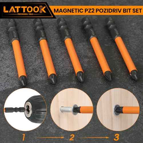 Pozidriv Bit Set, LATTOOK 5-Piece PZ2 Pozi Bit Set, Magnetic S2 Steel Pozidriv Screwdriver, 3'' Long