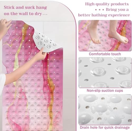 Marble Bath Tub Mat Non Slip, Pink Marble Non Slip Bath Mat for Shower, Large Washable Shower mats for Showers with Drain Holes and Suction Cups,40 X 16 Inch
