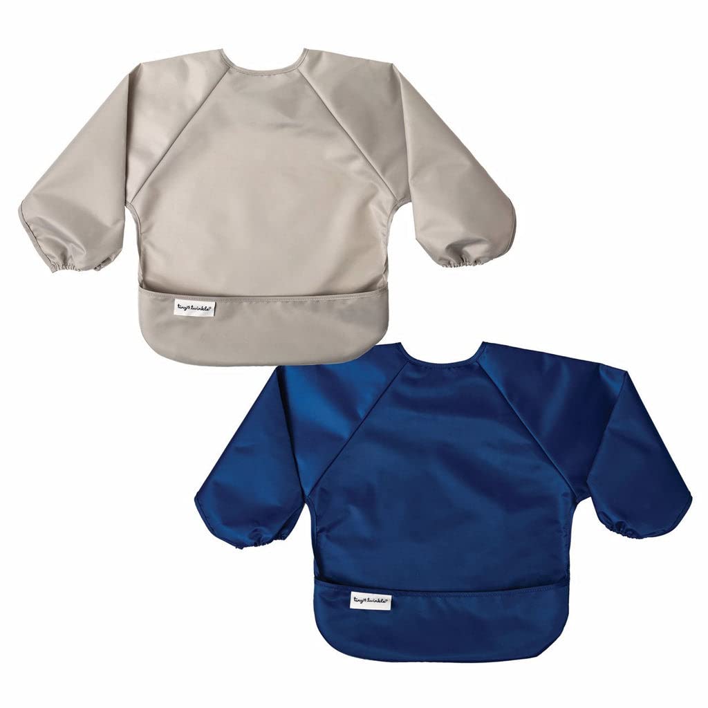 Tiny Twinkle Long Sleeve Bib for Babies & Toddlers | 2-Pack Waterproof Smock Bib for Eating | Machine Washable & Mess-Proof Feeding Essentials | Newborn Shower Gift (Grey Indigo,6–24M)