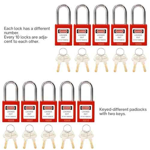 10 Red Lockout Tagout Locks Set,Keyed Different,2 Keys Per Lock,OSHA Compliant Safety Padlocks for Lockout Stations and Devices