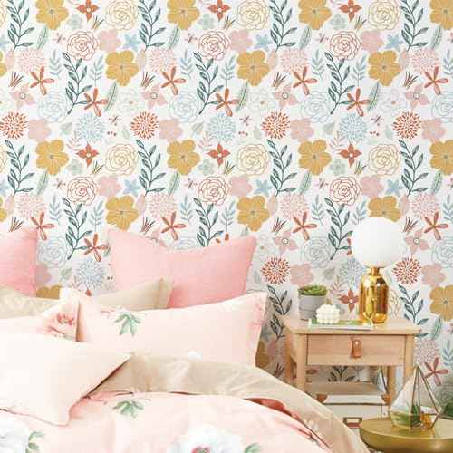 WENMER Floral Peel and Stick Wallpaper 17.71¡±¡¿118¡±Boho Floral Wallpaper Pink Floral Contact Paper Self Adhesive Removable Wallpaper for Bathroom Cabinet Decorative