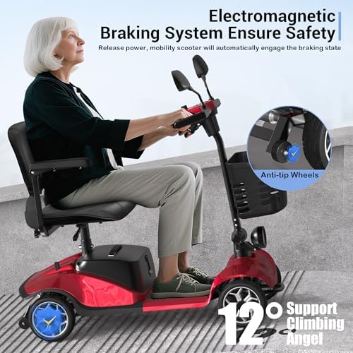 4-Wheel Mobility Scooter for Seniors, Foldable Electric Scooter, Lightweight Powered Electric Wheelchair, Compact Heavy Duty Scooter with Electromagnetic Brake, Rotating Seat, 350LBS Capacity-Red