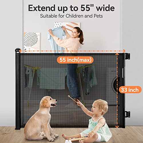 COMOMY Retractable Baby Gate for Stairs, 0-55" Mesh Dog Gate for House Doorways Hallways, 33" Tall Extra Wide Child Safety Gate for Kids Pets, Indoor and Outdoor (Black)
