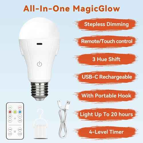 Neporal MagicGlow Rechargeable Light Bulbs with Remote, 3 Colors Shift + Stepless Dimmable Battery Light Bulbs, USB Rechargeable, A19, Up to 24 Hours