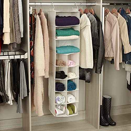 Household Essentials Hanging Shoe Organizer, Natural Canvas, With Clothes Storage, 10 Pockets and 3 Shelves, Collapsible, Cream