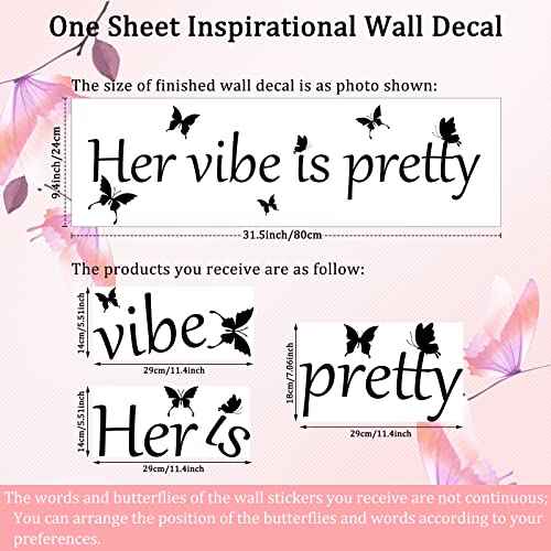 Her Vibe is Pretty Wall Decal Decor Vivid Butterflies Wall Sticker Inspirational Quotes Positive Wall Decal Sticker for Women Office 31.5 x 9.4 Inch (Simple Style,Black)