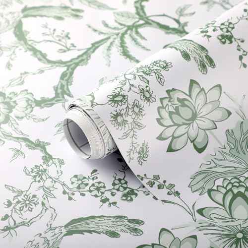Chinoiserie Peel and Stick Wallpaper Removable Self Adhesive Wallpaper Floral Birds Contact Jacobean Vintage Contact Paper for Bedroom (Green,118.1" X 15.75")