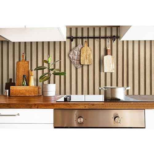 Hopepak Wood Slat Wallpaper Brown Peel and Stick Wallpaper for Bedroom 17.3''x118'' Modern Self Adhesive Removable Wall Paper Faux Wood Grating Stripe Contact Paper Vinyl