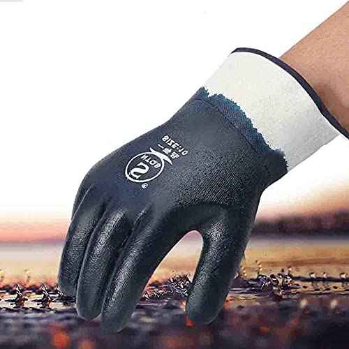 Oil-resistant Gloves, Nitrile Rubber Fully Coated Cotton Safety Work Gloves, Acid And Alkali Resistant, Unisex Large Size, Blue, 12 Pair