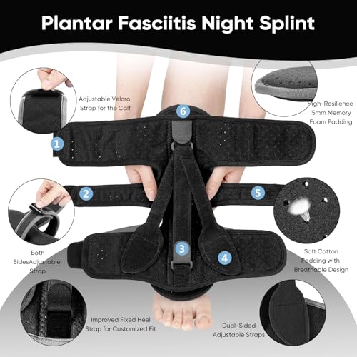 Plantar Fasciitis Night Splint, 3 Adjustable Straps for Plantar Fasciitis, Foot Drop & Heel Pain Relief, Comfortable Night Splint Support for Day & Night Use (Black)