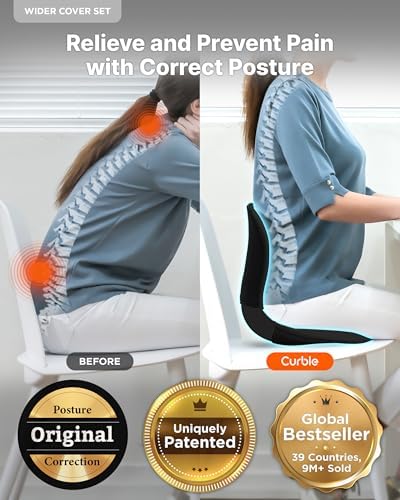 curble Wider(Standard Wide) Cover Set – Lower Back Support Chair with Detachable Cover, Lumbar Support Back Posture Corrector, Back Pain Relief (Set Black)