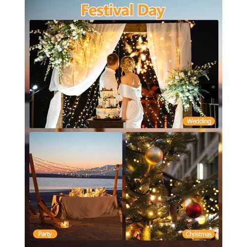 6 Pack Solar Christmas Lights Outdoor Waterproof, 600 LED 198 FT Solar Powered String Lights Outdoor with Green Wire 8 Lighting Modes, Mini LED Xmas Tree Light for Fence Party Decorations, Warm White