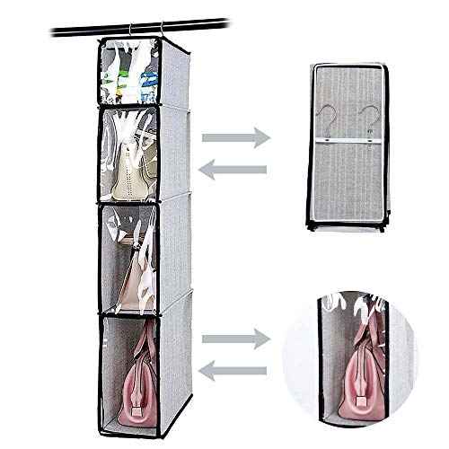 4 Tier Handbag Purse Organizer with Dustproof Cover, Foldable Hanging Closet Wardrobe Storage Shelves Closet Storage System for Living Room Bedroom Home Use, Grey
