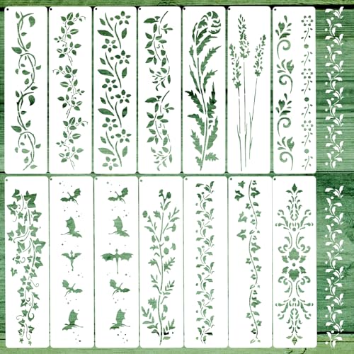 14Pcs Large Border Flower Stencils for Painting on Walls, Reusable Leaf Vine Wood Burning Stencils with Hoop, Drawing Background Templates DIY Craft Home Decor(11.8¡¿3.15 inch)