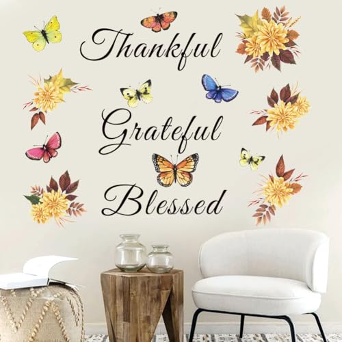 Inspirational Wall Decal Quote Grateful Thankful Blessed Wall Decor Removable Peel and Sticker Vinyl Wall Paper Wall Sticker for Kitchen Dining Room Living Room Bedroom.