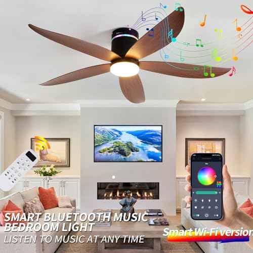 Carrefour 52" Flush Mount Ceiling Fans with Lights and Bluetooth Speaker, RGB Mood Lighting, 6-Speed Reversible DC Motor, Dimmable LED, Remote Control & Timer for Bedroom, Living Room, Dining Room