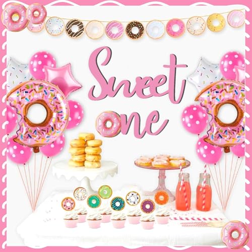 Wooden Sweet One Birthday Sign Decals for Backdrop Baby Girls First Birthday Decorations Donut Birthday Party Supplies for 1 Year Old Girl Sweet First Birthday Party Sign Banner Baby Girls Photo Props