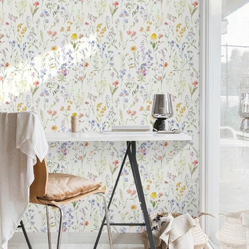 Floral Peel and Stick Wallpaper Boho Contact Paper Flower Leaf Removable Self Adhesive Waterproof Wall paper for Bathroom Bedroom Nursery Wildflower Botanical Thickened Vinyl Roll 17.32inW 118.11inL