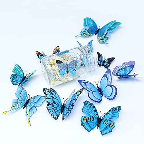 AOMEI 12pcs Blue PVC Waterproof 3D Butterfly Wall Stickers, Double Wings, Modern, Contemporary Style, Butterfly Theme, Indoor Use